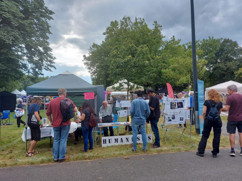 The 'Are you a Humanist?' quiz and 'Guess the Humanist' display attracted many to the stall.